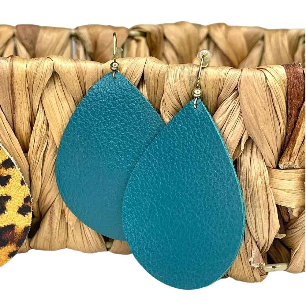 Faux Leather Teardrop Earrings Set of Two Metallic Leopard Print and Solid Teal